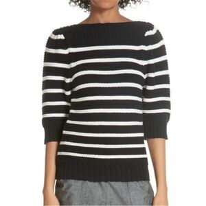 Rebecca Taylor Sweater Black Boat Neck Elbow Sleeve Stripe Cotton Wool Size XL